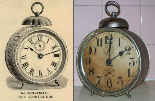 (Left) 1896 Advertisement from Oskamp Nolting & Co. Publications showing one style of Ansonia Alarm Clock (ebay 2014). (Right) Circa 1910 Ansonia Clock (National Association of Watch and Clock Collectors 2014).