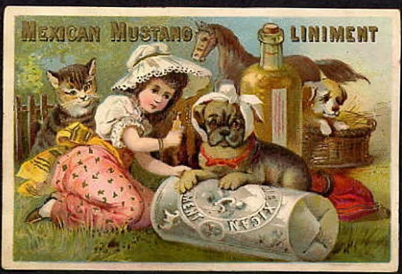 A Circa-1880s Ad For “Mexican Mustang Liniment” That Rather Helpfully Shows A Full Size Bottle Of The Medicine. Surrounding the bottle are a young girl and a number of adorable animals all presumably taking the “safe” medicine (Meyer 2012).