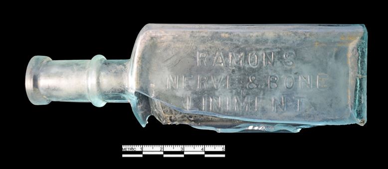 Almost Complete “Ramon’s Nerve and Bone Liniment” Patent Medicine Bottle Recovered From Site 31Rd1426/1426**.