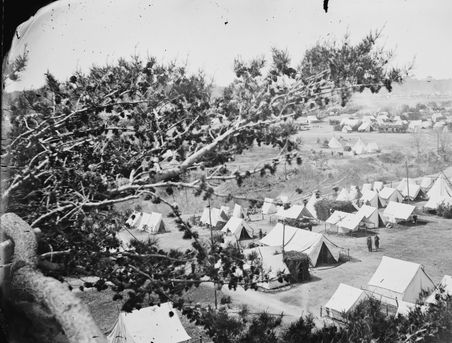Rows of tents at a U.S. Army encampment in Virginia in May 1862 during the Peninsula Campaign (Library of Congress 1862).
