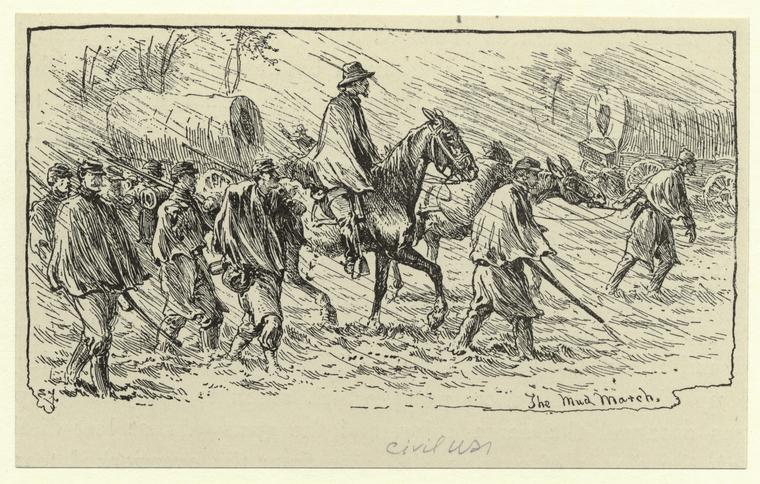 Federal troops moving through the rain and mud in Virginia during the infamous Mud March of January 1863 (Forbes 1863).