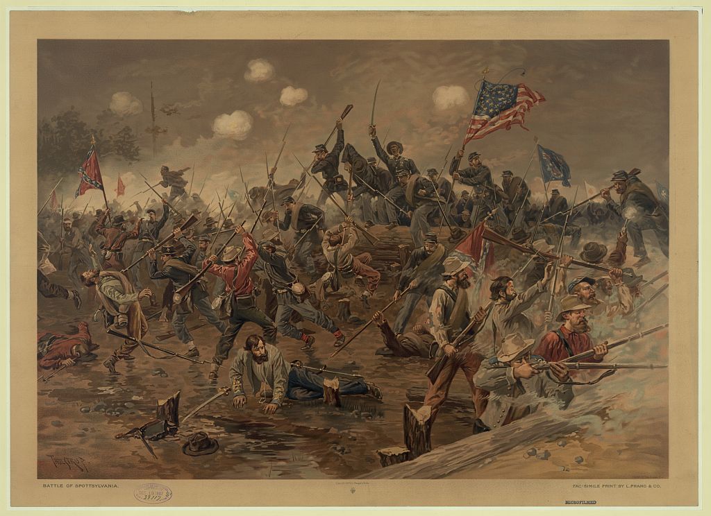 U.S. and Confederate soldiers fought for almost 24 hours amid stormy weather at Spotsylvania Court House, Virginia, on May 12, 1864 (Thulstrup 1887).